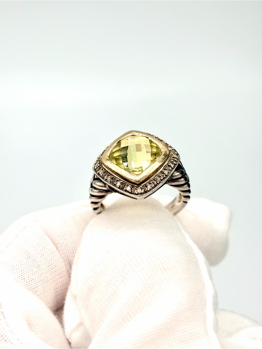 Lemon Quartz Cable Ring - 14K Gold and 925 Sterling Silver Yellow Gem Diamond